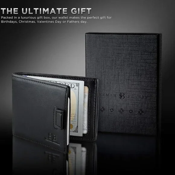 Men's Slim Bifold Wallet with RFID Protection - Full Grain Leather & Money Clip